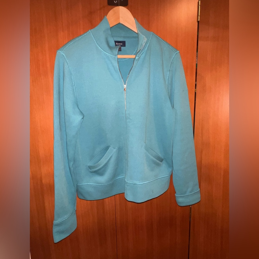Falconable turquoise zip front sweatshirt, size M